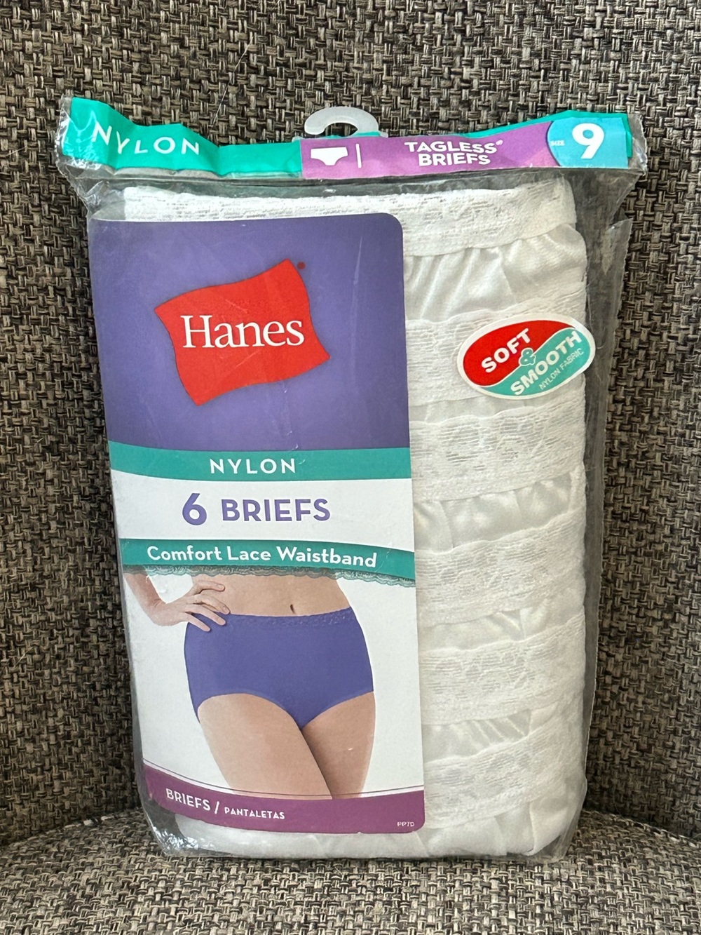 NIP HANES NYLON BRIEFS TAGLESS LACE WAIST COTTON LINER 6 PACK WOMEN'S SIZE 9…